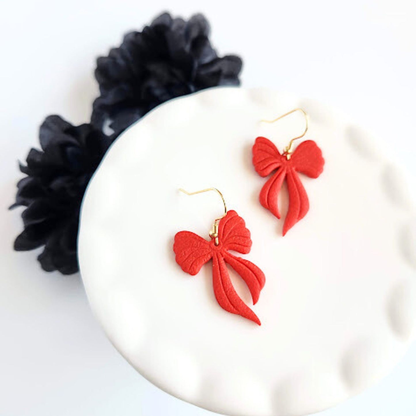 Red Bow Polymer Clay Dangle Earrings