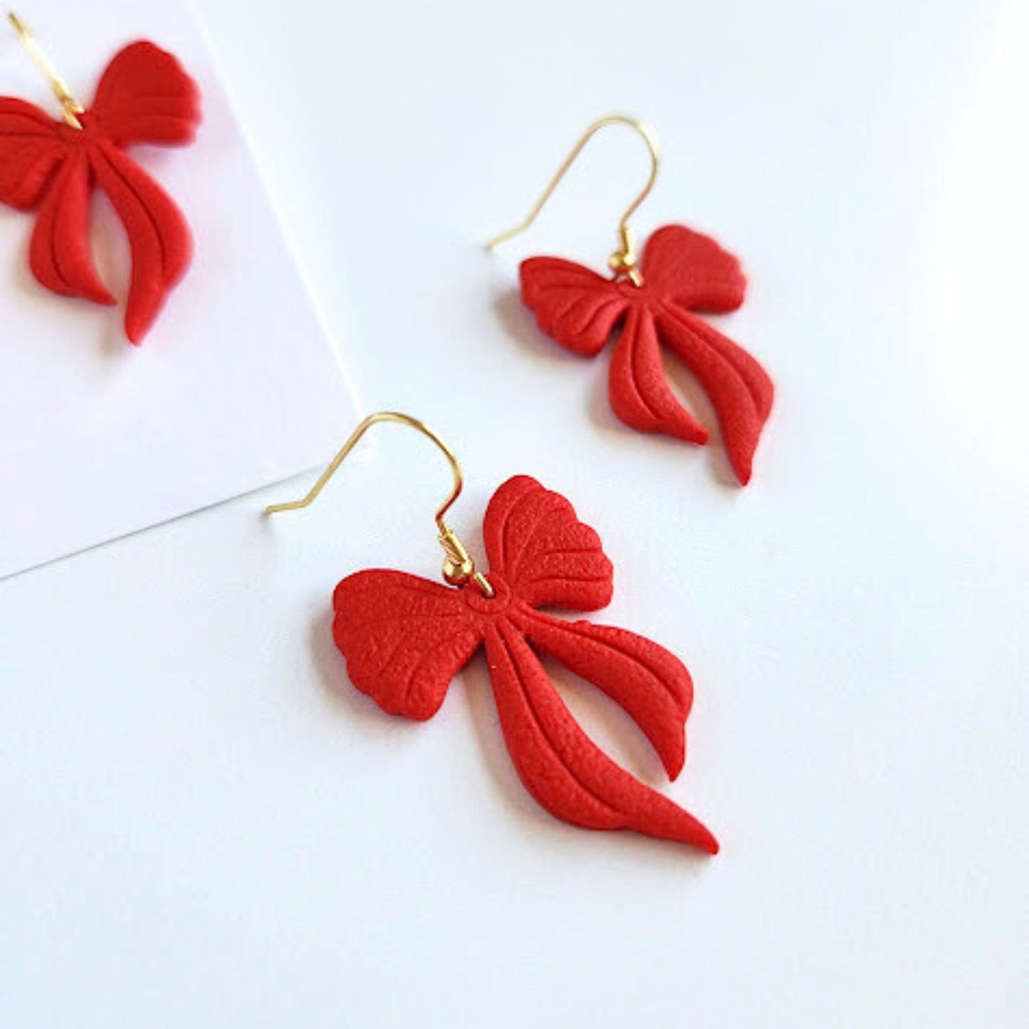 Red Bow Polymer Clay Dangle Earrings