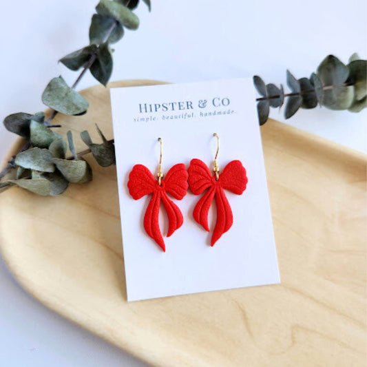 Red Bow Polymer Clay Dangle Earrings