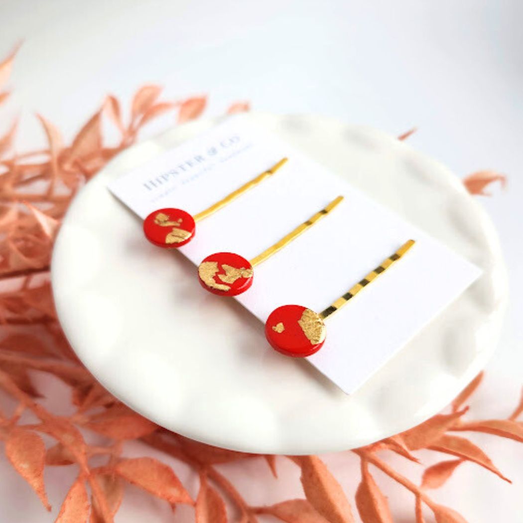 Red and Gold Hair Pin Set - Decorative Hair Accessory