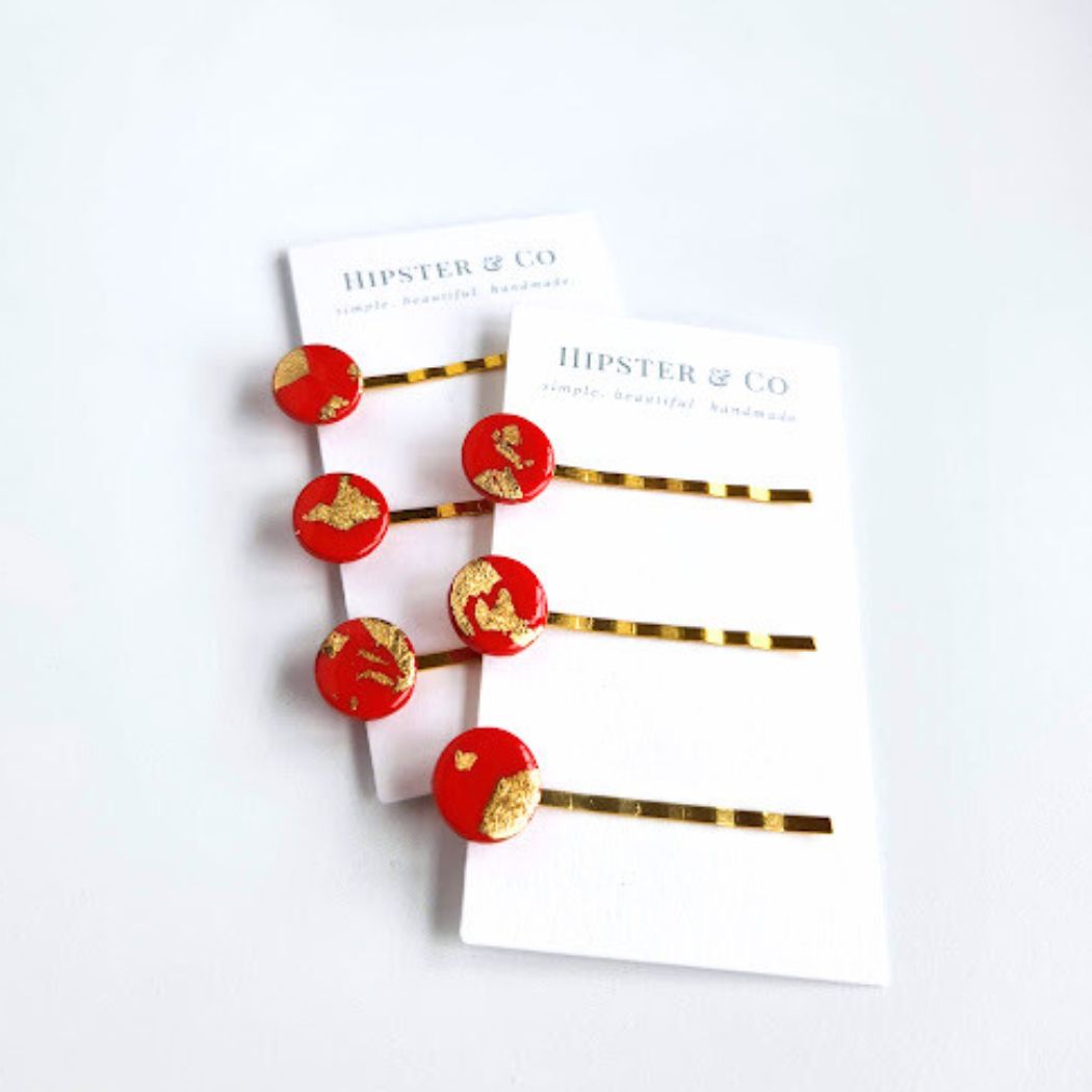 Red and Gold Hair Pin Set - Decorative Hair Accessory