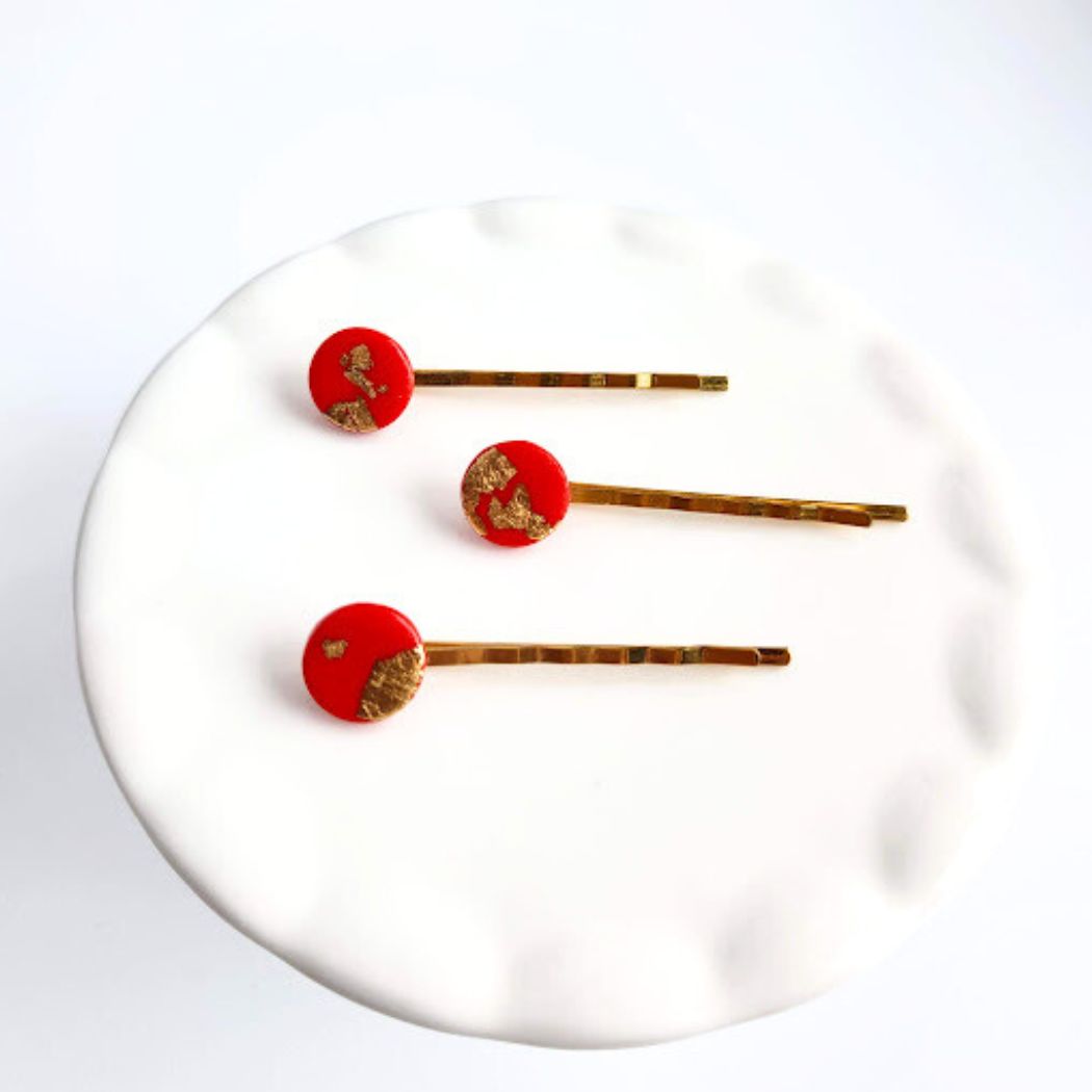 Red and Gold Hair Pin Set - Decorative Hair Accessory