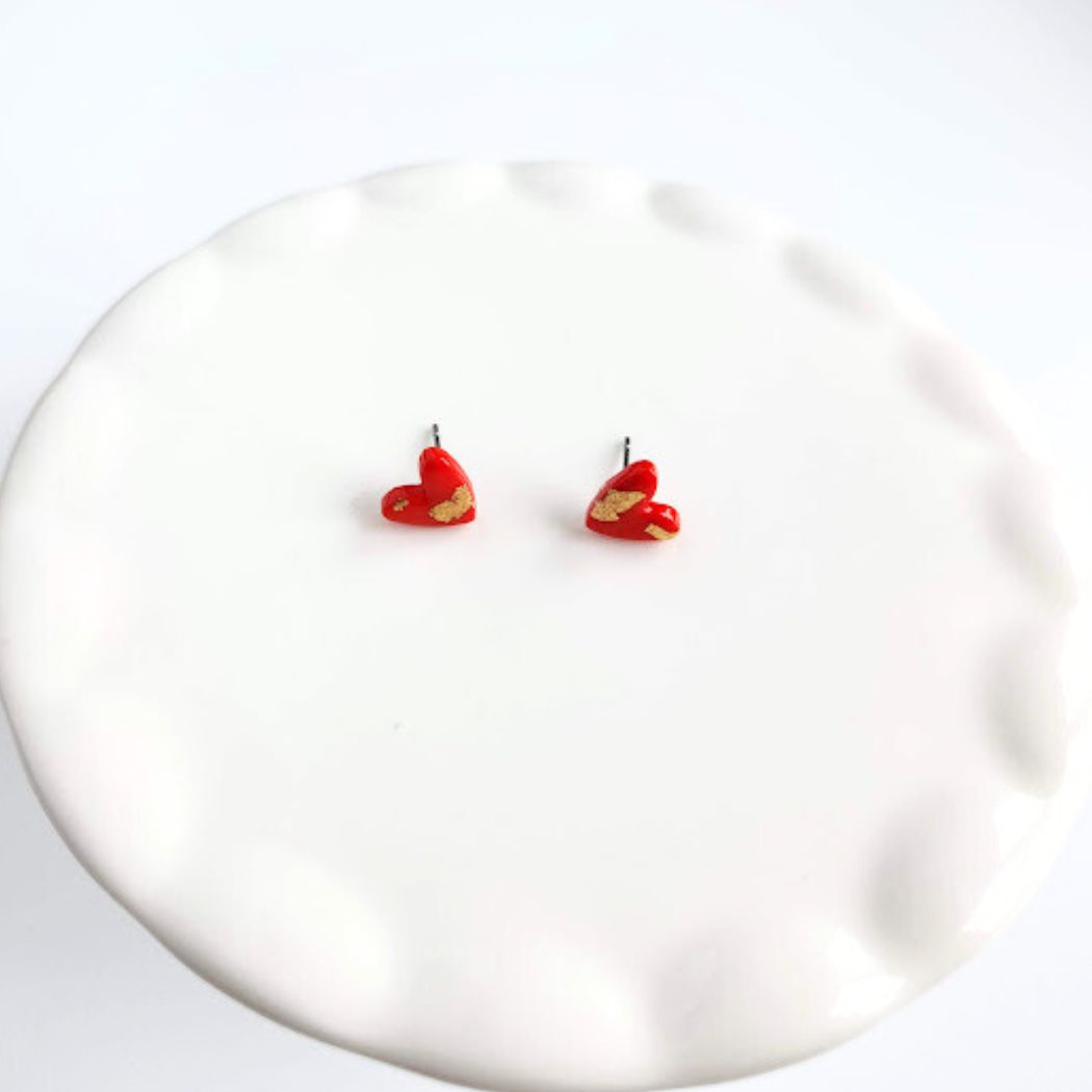 Red and Gold Heart Stud Earrings