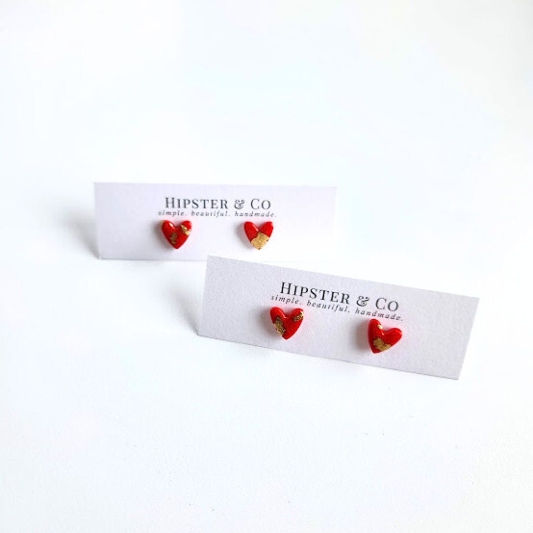 Red and Gold Heart Stud Earrings