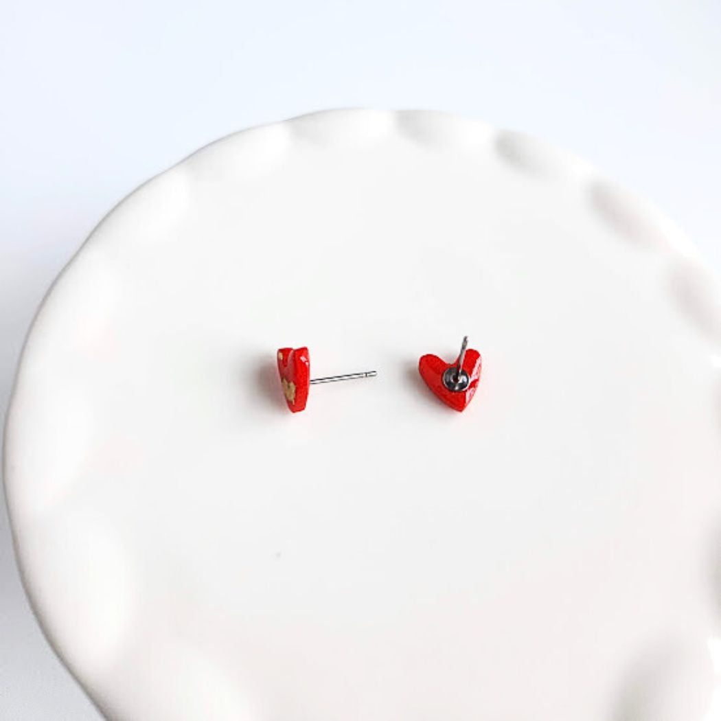 Red and Gold Heart Stud Earrings