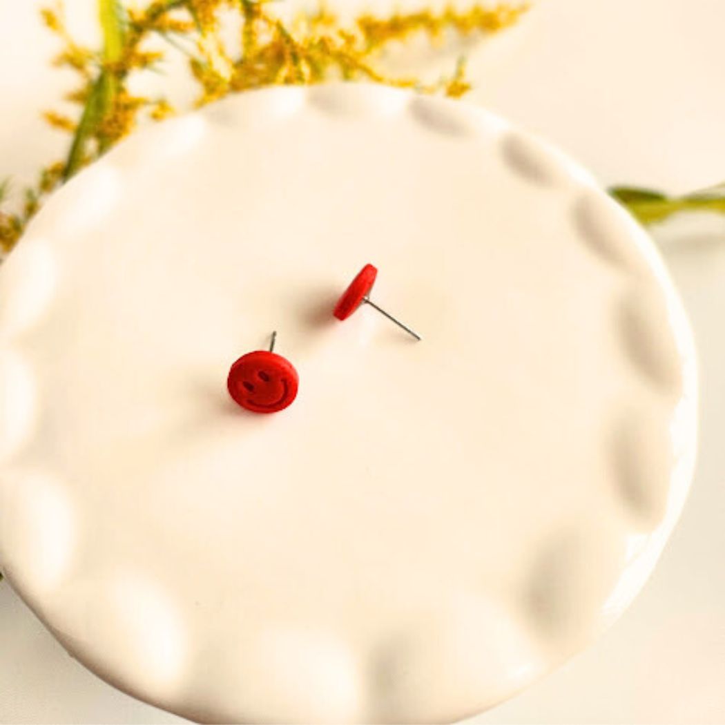 Red Happy Face Polymer Clay Stud Earrings