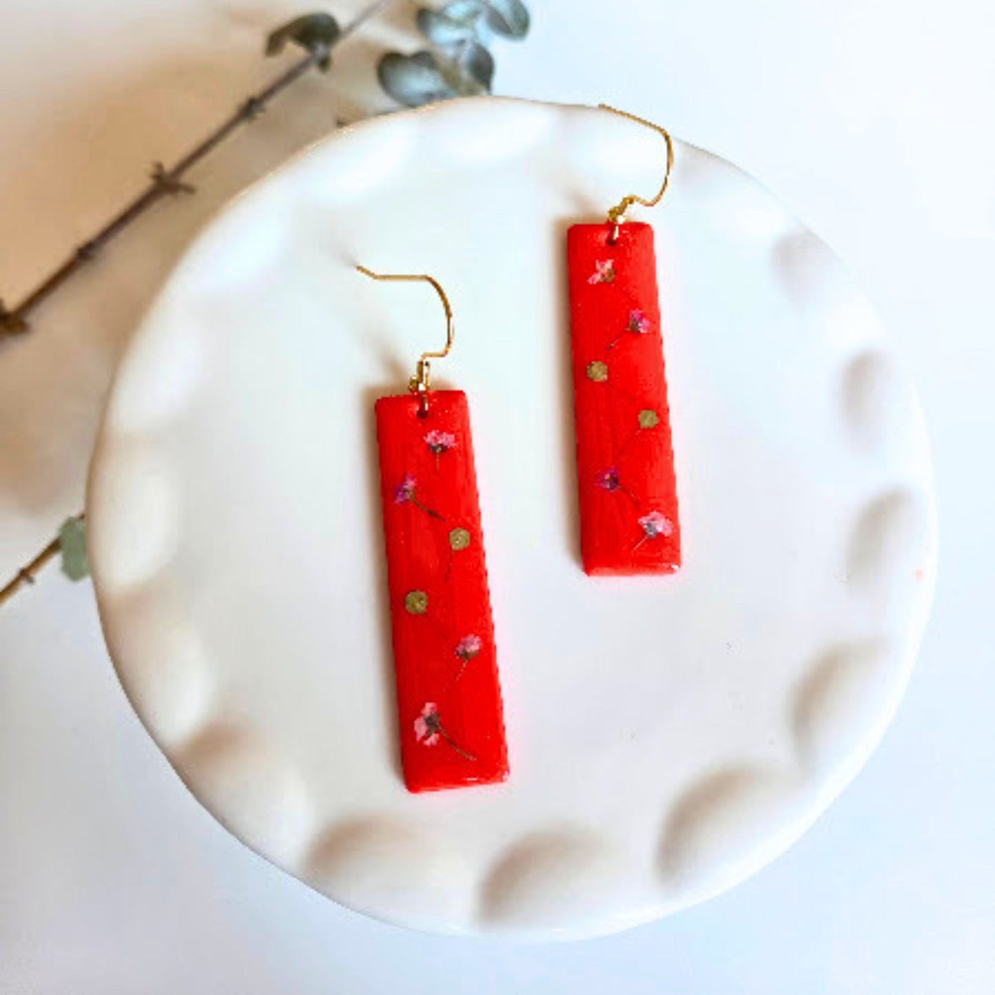 Red Rectangular Floral Polymer Clay Earrings