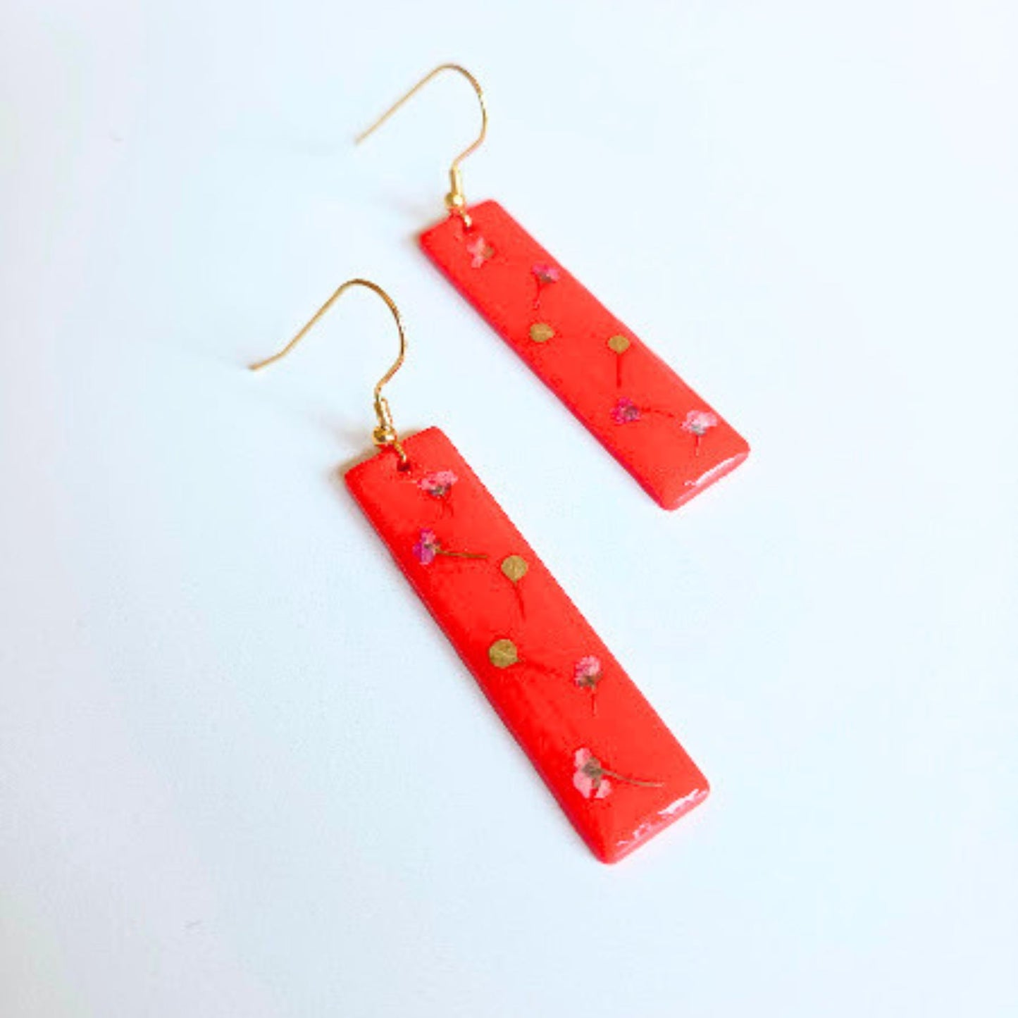 Red Rectangular Floral Polymer Clay Earrings