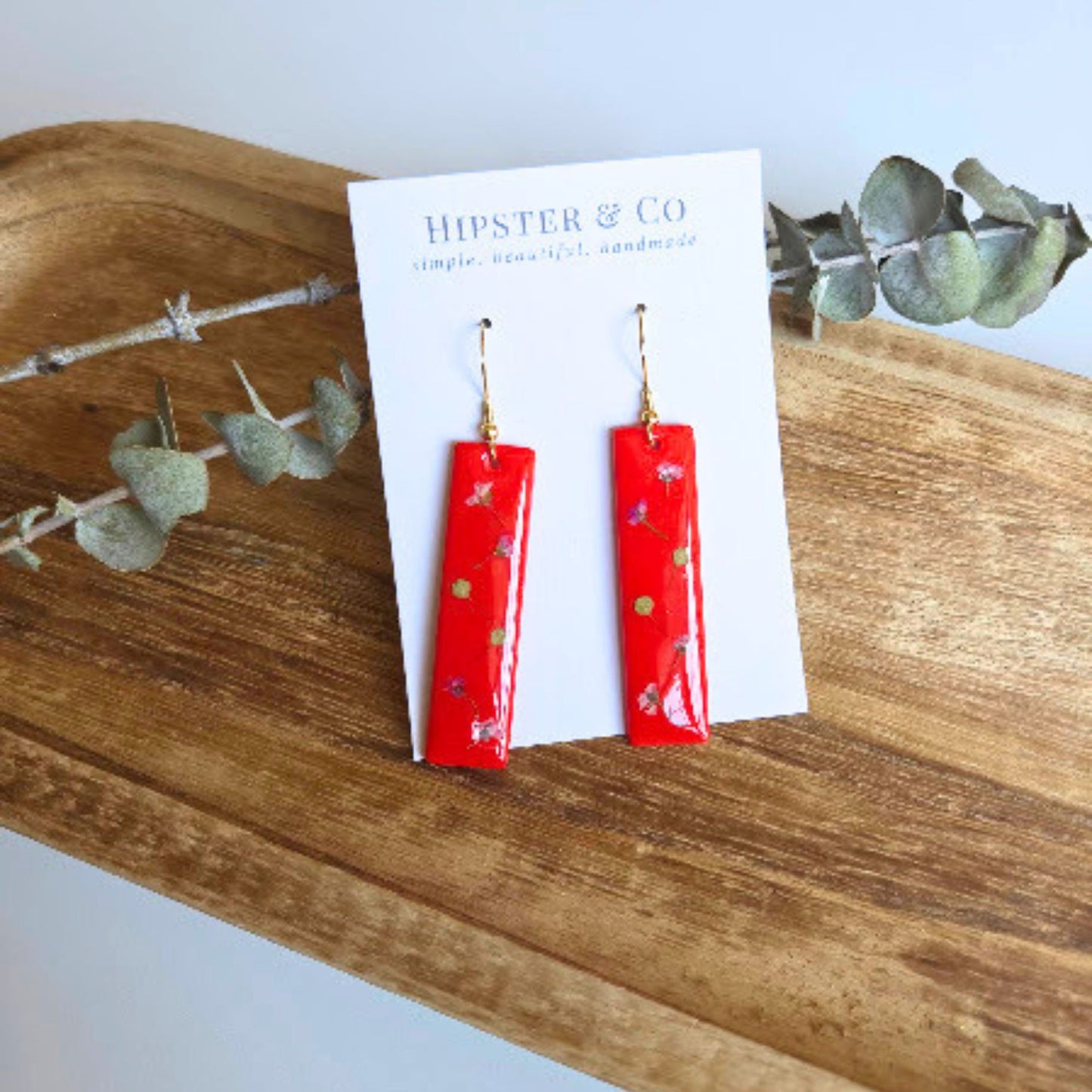 Red Rectangular Floral Polymer Clay Earrings