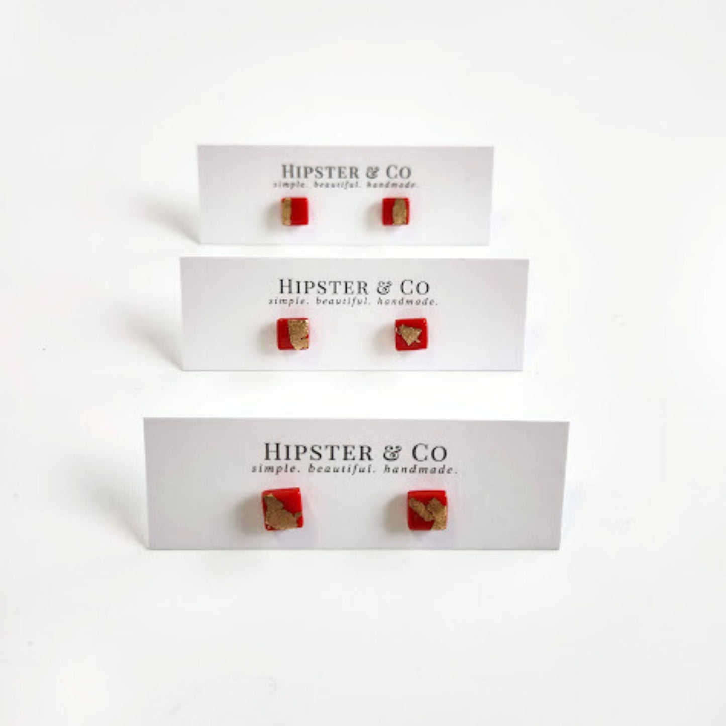 Red and Gold Square Stud Earrings