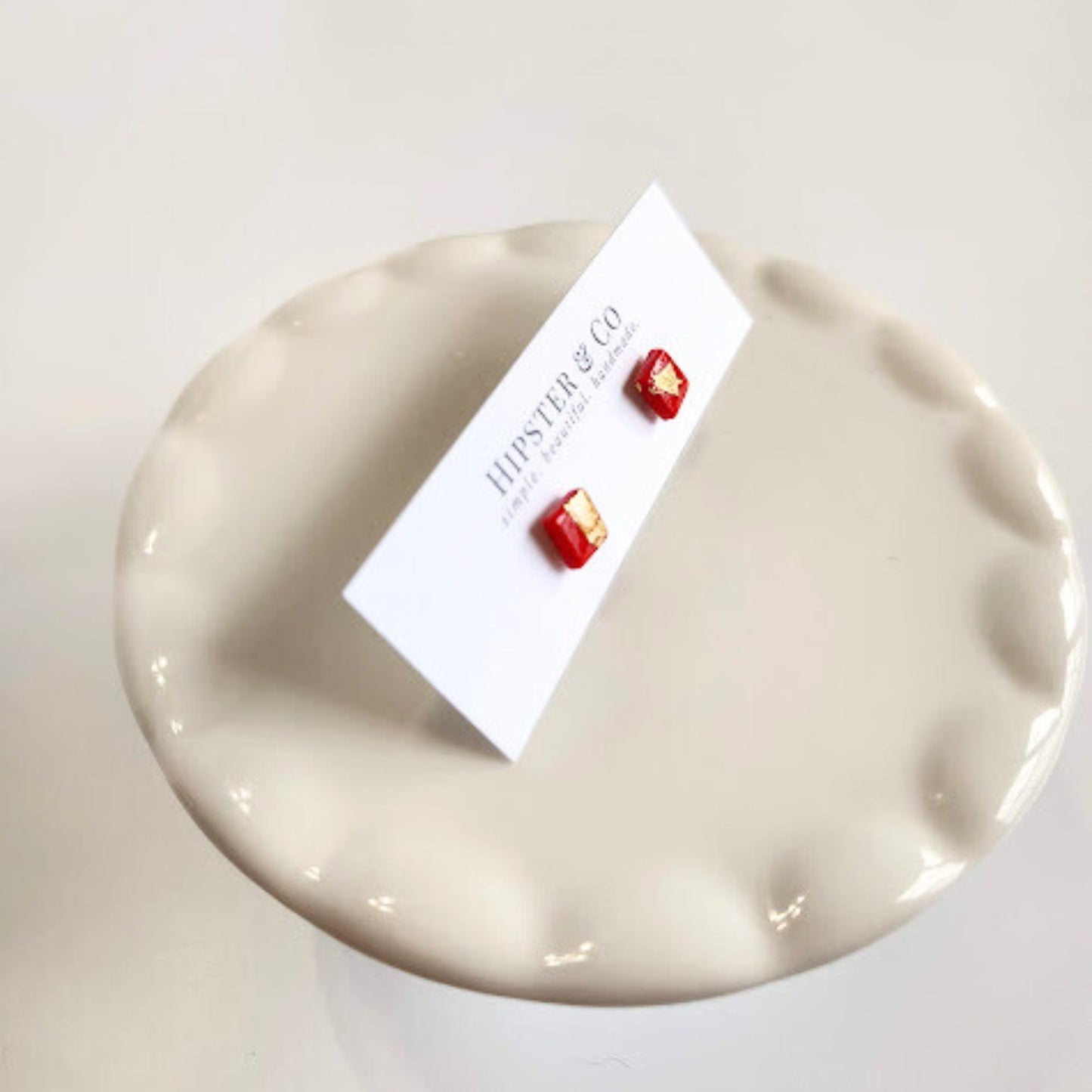Red and Gold Square Stud Earrings