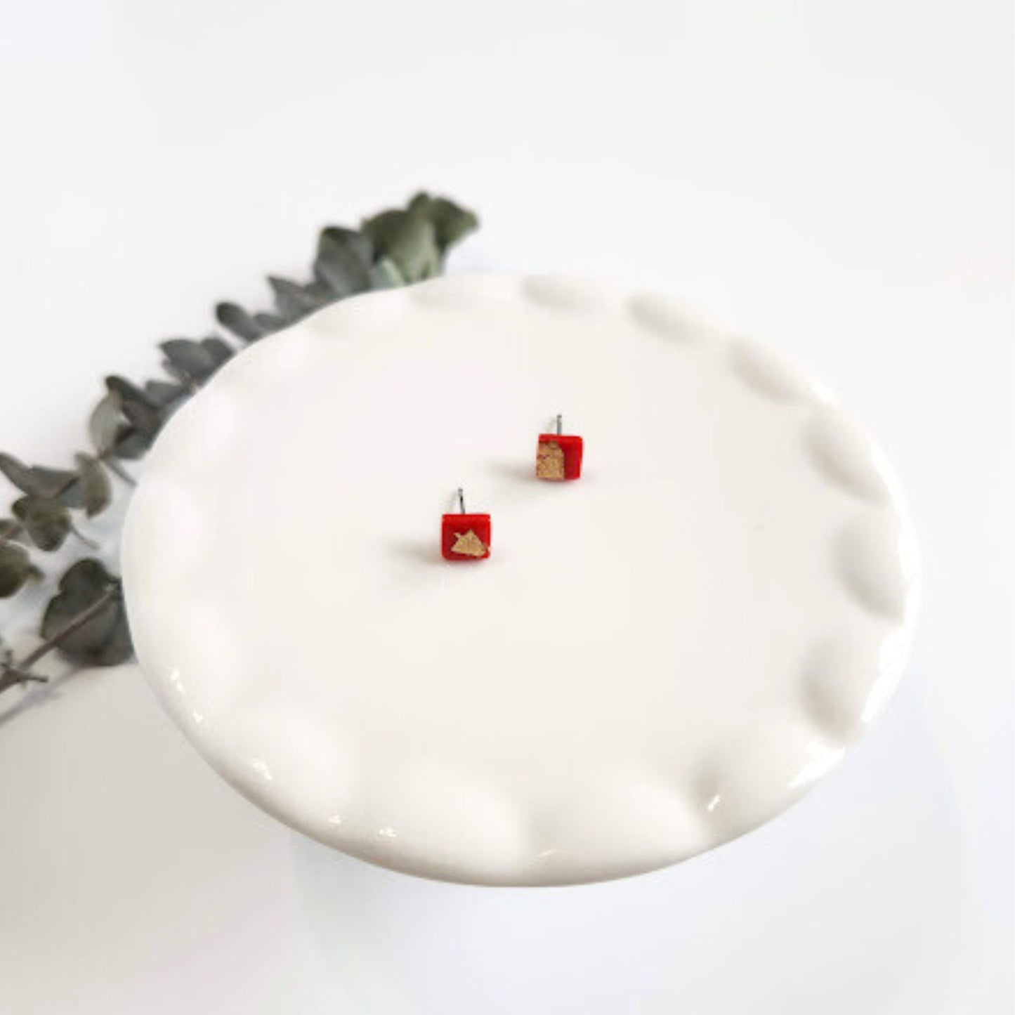 Red and Gold Square Stud Earrings