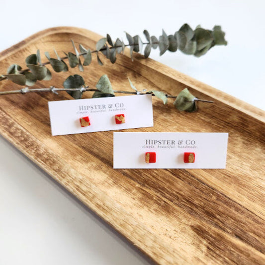 Red and Gold Square Stud Earrings