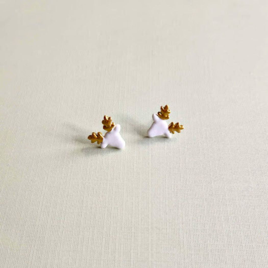 White Reindeer Polymer Clay Stud Earrings