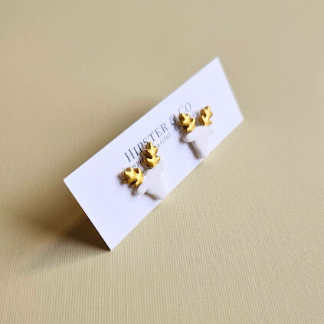 White Reindeer Polymer Clay Stud Earrings