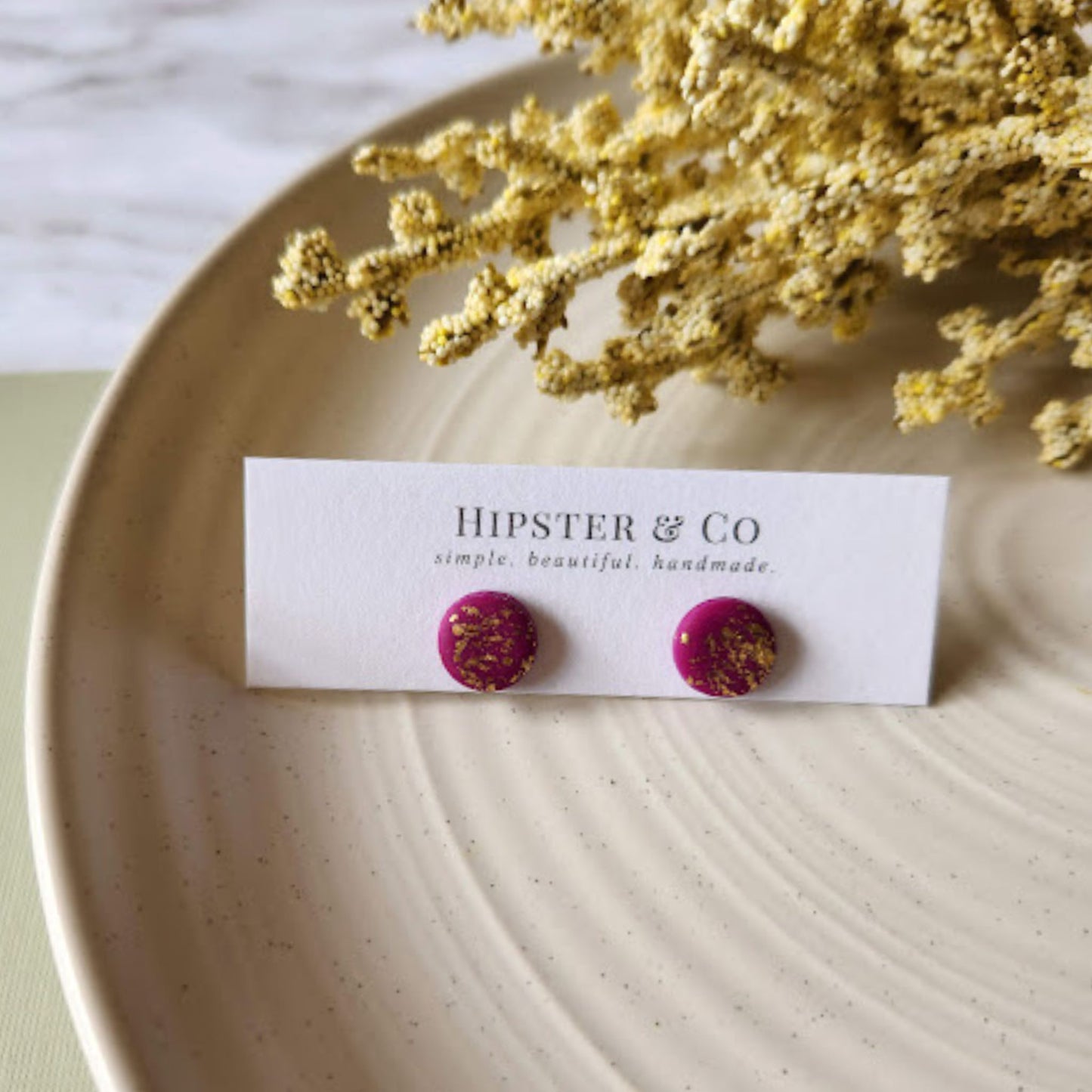 The Renee Fuchsia and Gold Round Polymer Clay Stud Earrings