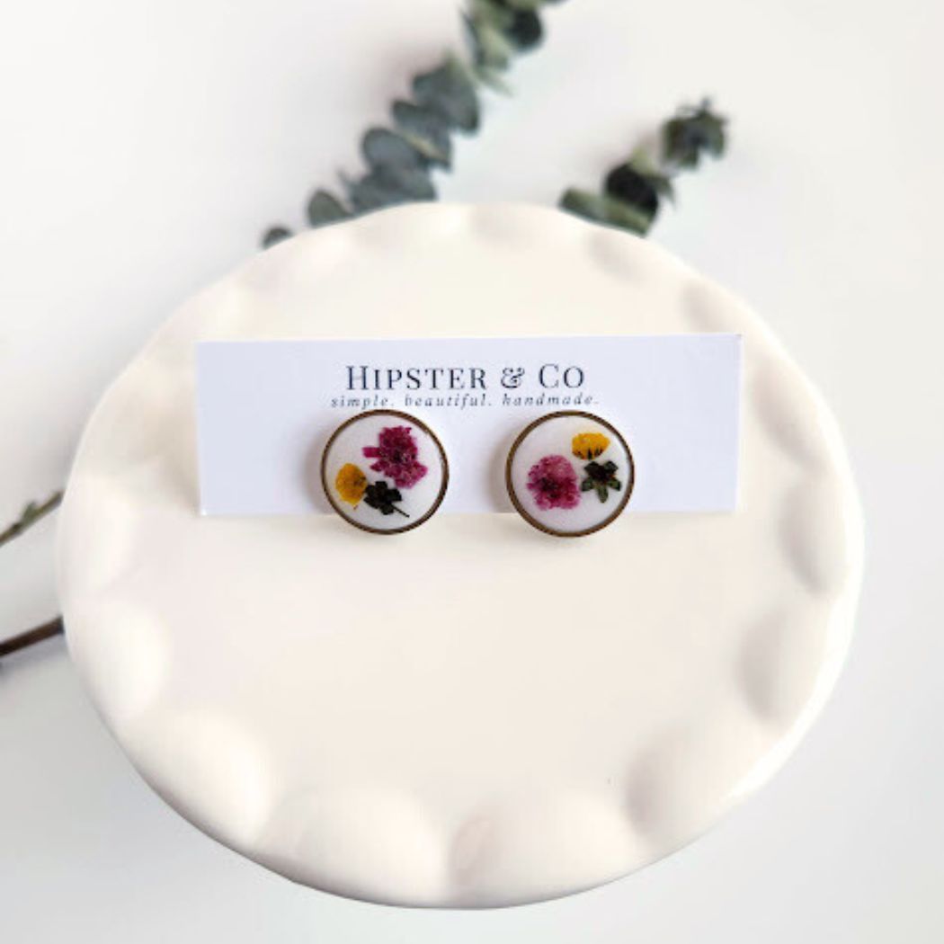 Round Floral Polymer Clay Stud Earrings