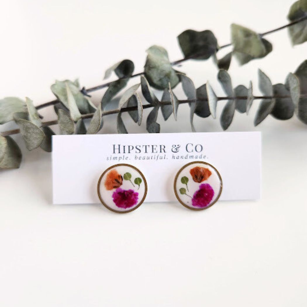 Round Floral Polymer Clay Stud Earrings