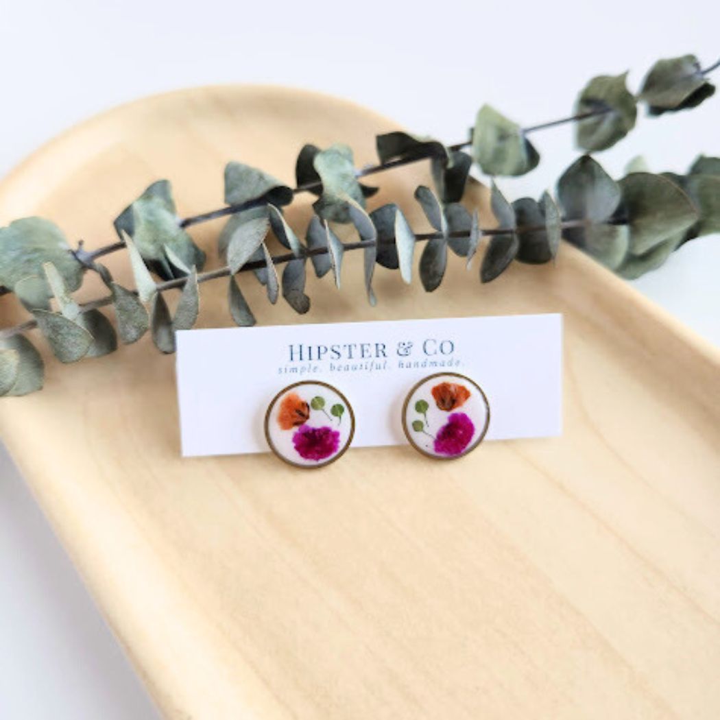 Round Floral Polymer Clay Stud Earrings