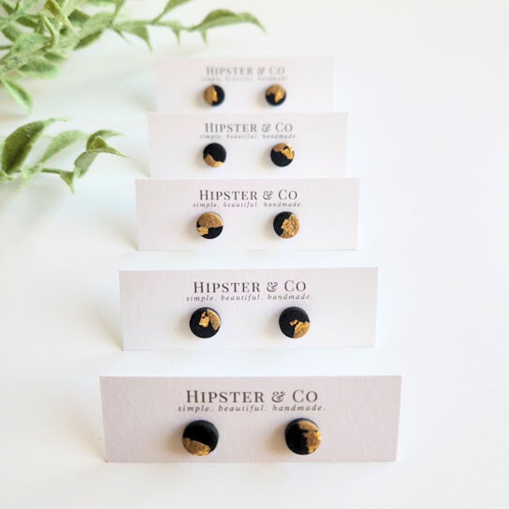 Black, Brown, and Gold Round Stud Polymer Clay Earrings