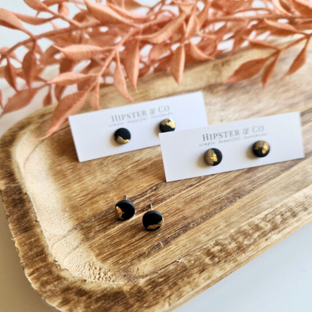 Black, Brown, and Gold Round Stud Polymer Clay Earrings