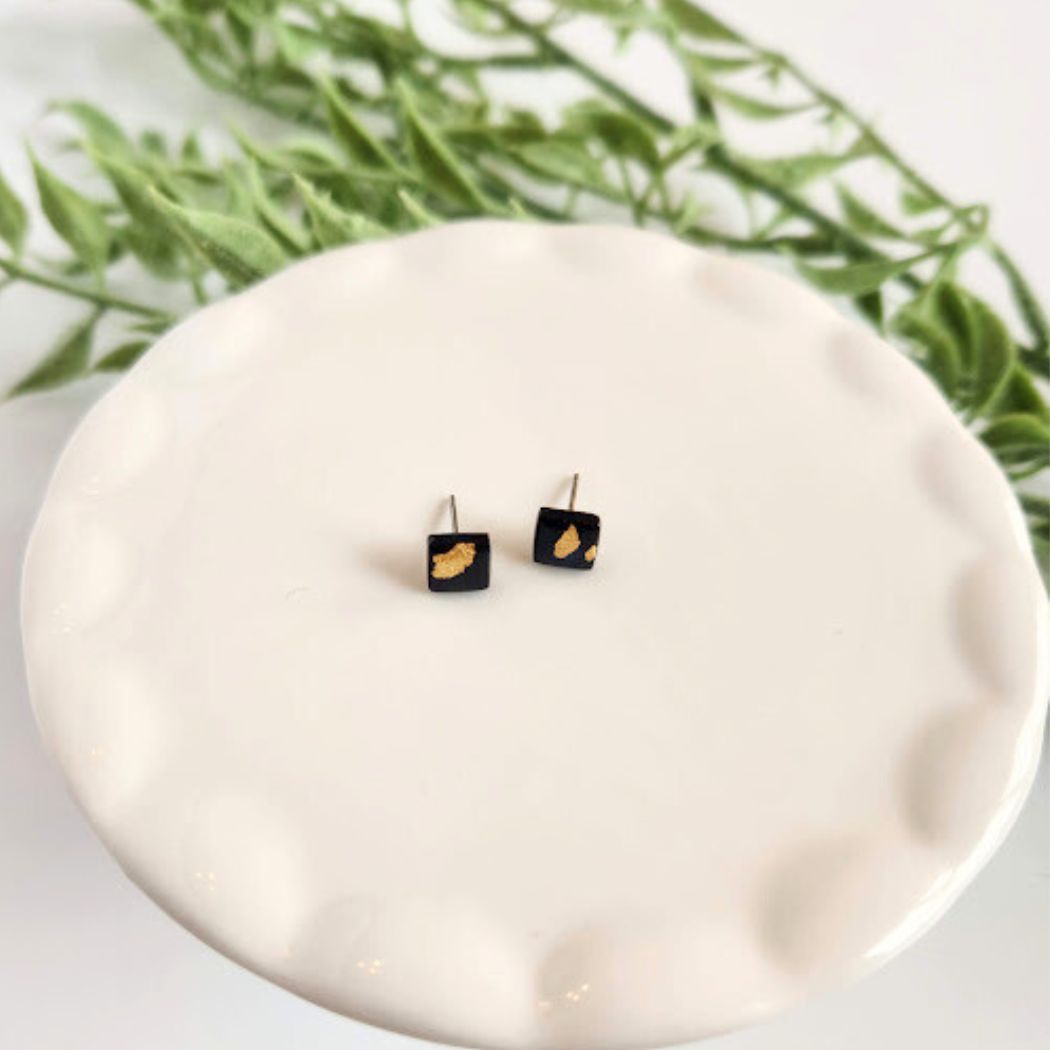 Black and Gold Square Stud Earrings