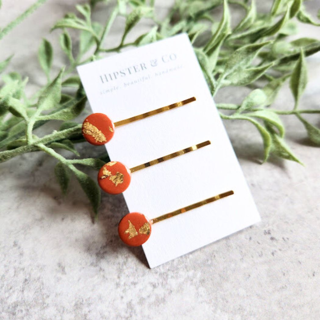 Terracotta and Gold Handmade Hair Pin Set