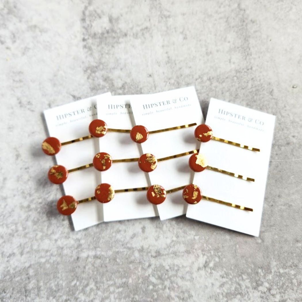 Terracotta and Gold Handmade Hair Pin Set