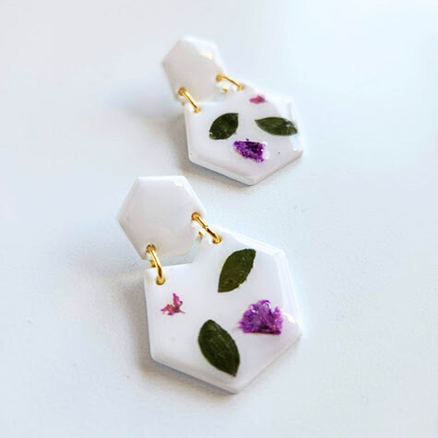 White Hexagon Handmade Floral Earrings