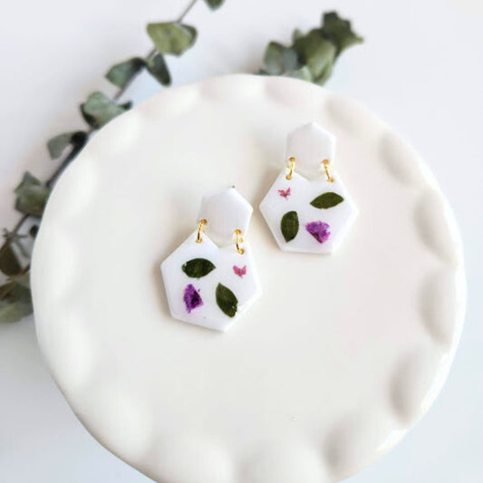 White Hexagon Handmade Floral Earrings