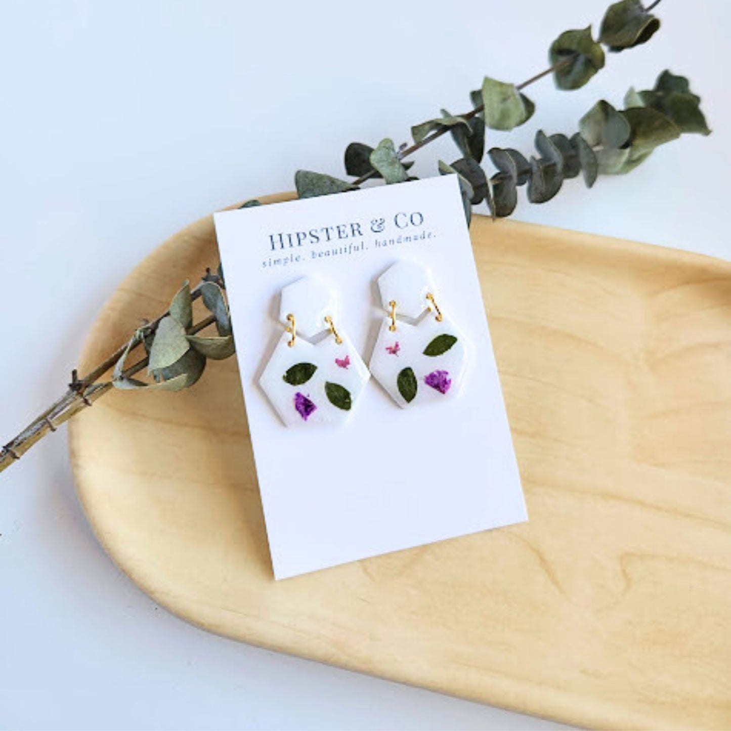 White Hexagon Handmade Floral Earrings