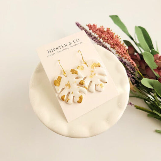 White Monstera Leaf Earrings