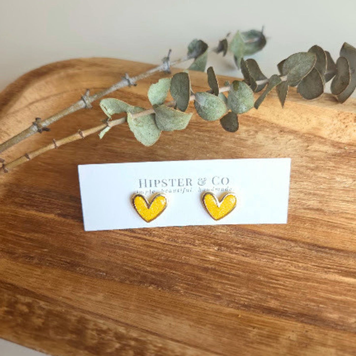 Yellow Glitter Polymer Clay and Brass Heart Stud Earrings