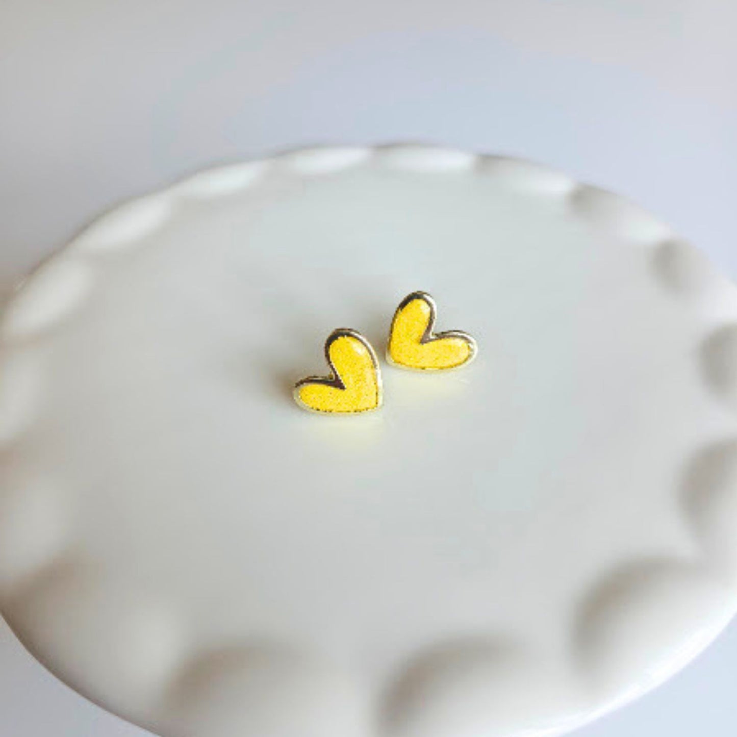 Yellow Glitter Polymer Clay and Brass Heart Stud Earrings