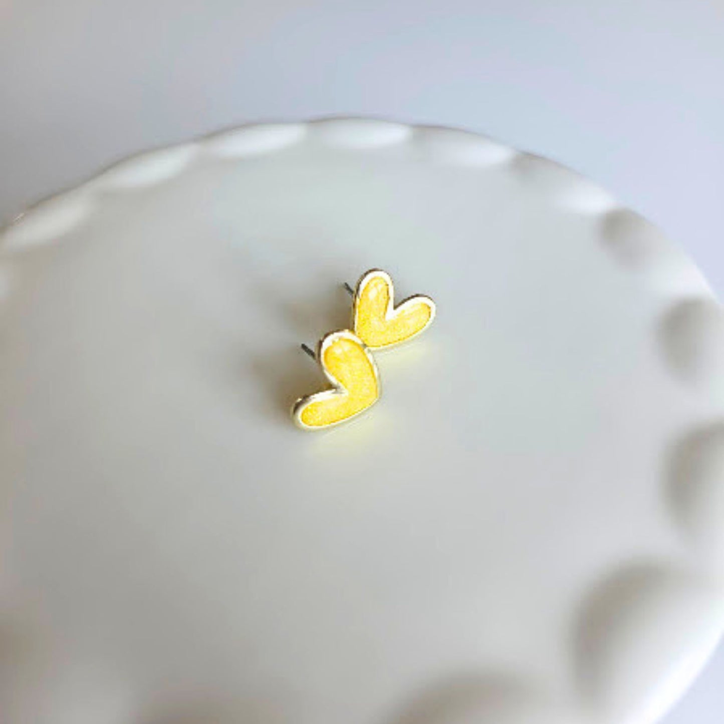 Yellow Glitter Polymer Clay and Brass Heart Stud Earrings