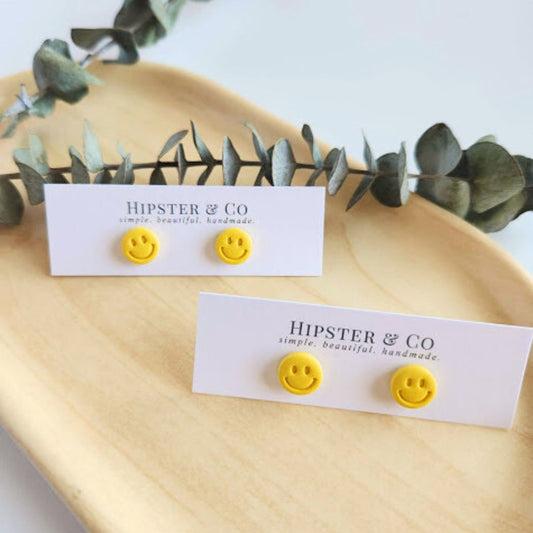 Yellow Happy Face Polymer Clay Stud Earrings