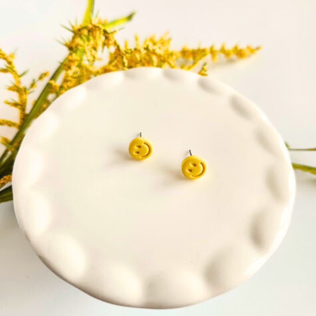 Yellow Happy Face Polymer Clay Stud Earrings
