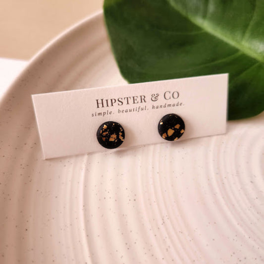 The Renee Black and Gold Round Polymer Clay Stud Earrings